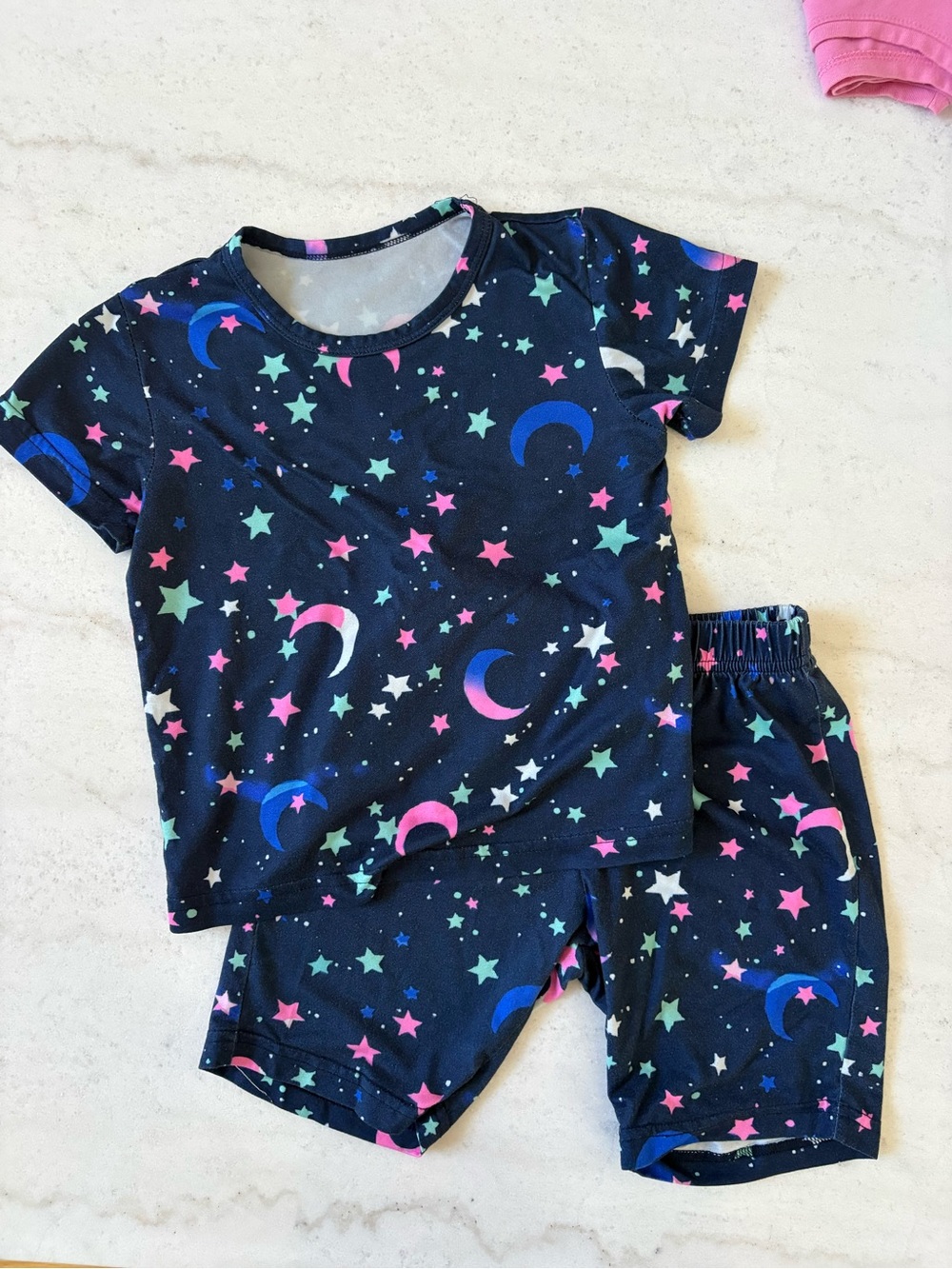 SHEIN Navy Moon & Stars Kids Pajama Set with Pink, Blue & Mint Accents